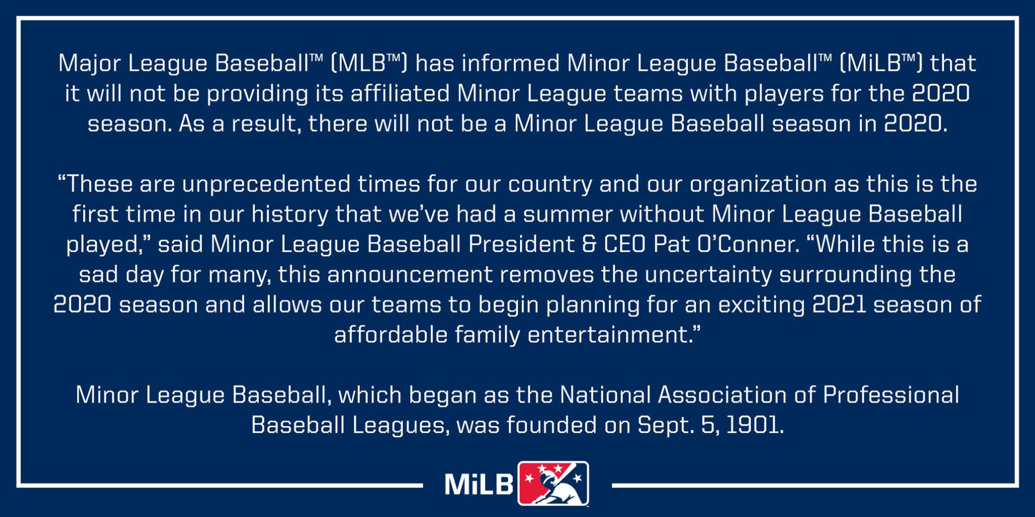 Minor League Baseball cancels 2020 season